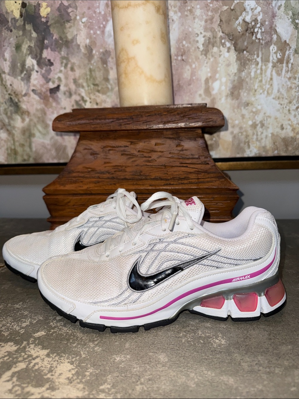 Nike White and Pink Women's Air Max Sneakers with Black Swoosh